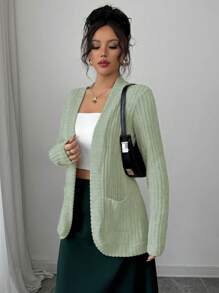 Chiquease Women's Casual Ribbed Velour Front Opening Side Pockets Shorts Jacket - Mint Green - View 4