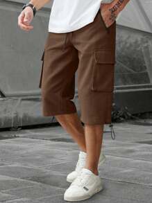 Manfinity Homme Quần Capri lưng cao màu trơn có dây rút túi hộp thường ngày cho nam - Cà phê nâu - Xem 3