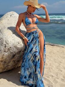 SHEIN 3 Completi da spiaggia/estivi da donna, inclusi slip del bikini con stampa marmorizzata, gonna con spacco alto e abito da spiaggia con accessori metallici