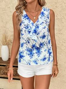 SHEIN Clasi Women's Ruffle Hem Ditsy Floral Sleeveless Blouse, Romantic Holiday Wear