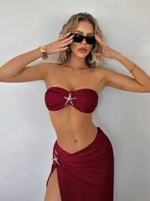 SHEIN ICON 1 件女士度假海星装饰侧开衩下摆罩衫裙 - 紅色 - 查看 4