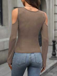 INAWLY Women's Open Shoulder Zip Detail Fitted Long Sleeve T-Shirt, Spring/Autumn - Khaki - View 2