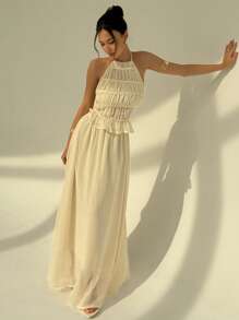 Aloruh 2 件杏色纹理面料女式无袖短款上衣 + 长款褶皱裙套装，性感露背低腰装，春夏