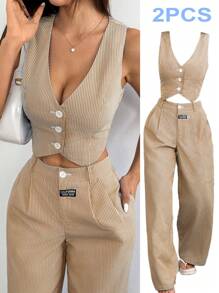 SHEIN EZwear 卡其色条纹背心搭配长裤，秋冬季大码西装套装 - 卡其色 - 查看 1