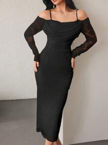 Modelyn Women's Lace Spaghetti Strap Long Sleeve Ruffle Neck Elegant Party Dress Fall Cloth For Women - Black - View 5