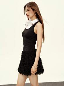 Rina Fox Women's Contrast Collar Sleeveless Fitted Fluffy High Waist A-Line Mini Dress - Black and White - View 6