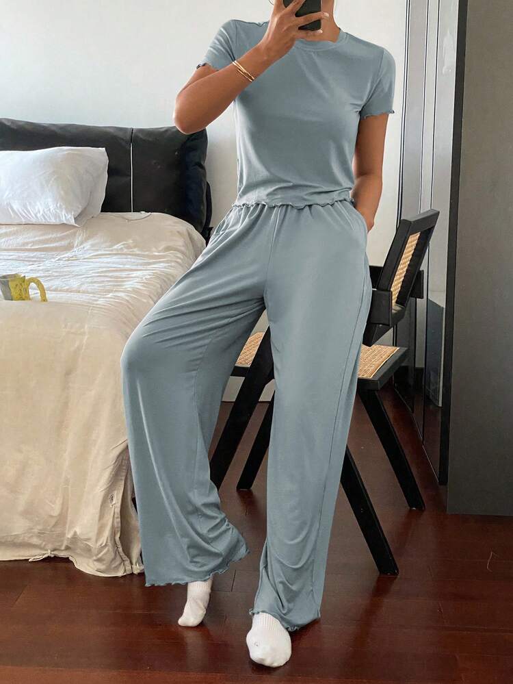 Solid Color Wave Trim Decorated Slim-Fit Top And Pants Leisurewear Set, Simple Design Pajama