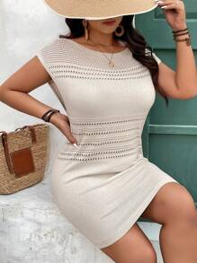SHEIN Frenchy Plus Size Casual Solid Color Hollow Out Knitted Dress, For Holiday - Apricot - View 6