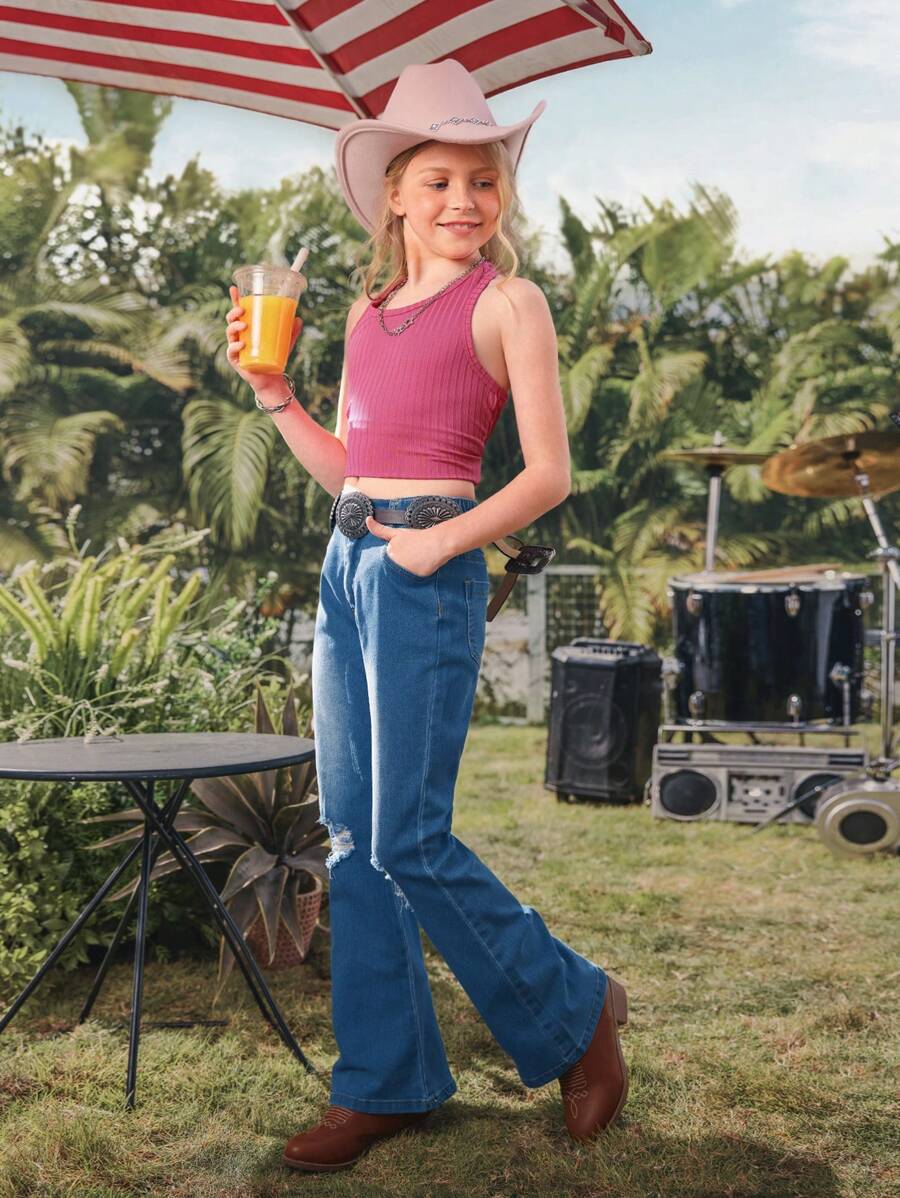 SHEIN Tween Girls Skinny Stretch Washed Ripped Flare Leg Jeans, Casual Minimalist Fashion Versatile Denim Pants - Medium Wash - View 1