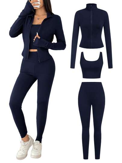 SHEIN EZwear 3pcs Women's Navy Knitted Sports Set Navy Blue