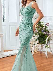 SHEIN Belle Váy dạ hội lưới sequin xẻ đùi tương phản, váy dạ hội trang trọng thanh lịch, dành cho khách dự tiệc cưới, tốt nghiệp, tiệc tối cho tiệc ngày lễ - màu xanh lá - Xem 5