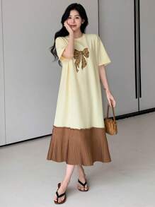 DAZY 女式蝴蝶结拼接圆领短袖荷叶边下摆迷你连衣裙夏季太阳裙，休闲女装