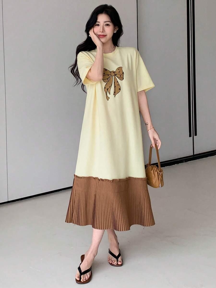 DAZY 女式蝴蝶结拼接圆领短袖荷叶边下摆迷你连衣裙夏季太阳裙，休闲女装