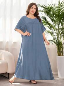 Lacomfia Simple Solid Color Lace Trim Batwing Sleeve Loose Casual Plus Size Dress, Spring/Summer - Dusty Blue - View 5