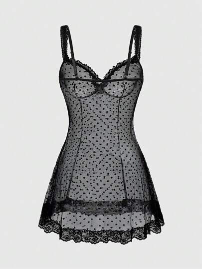 Goth 1pc Gothic Net Dot Steel Hoop Camisole Nightgown