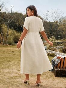 SHEIN LUNE 大码女式 100% 纯棉 V 领系腰中长连衣裙 夏季 - 杏色 - 查看 2