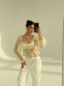 Aloruh 女式休闲纯色透明灯笼袖前系带衬衫，春夏 - 白色 - 查看 6