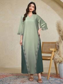 Al Najma 女式撞色褶边 V 领长袖宽松阿拉伯连衣裙，端庄的长袍 - 綠色 - 查看 5