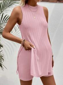 SHEIN Conjunto de 2 piezas de vestido de embarazo informal de unicolor con abertura lateral y shorts
