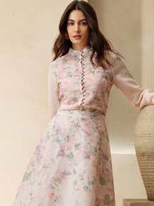 Anewsta 春夏优雅宫廷派对约会粉色碎花长袖衬衫和半裙两件套，节日春季度假女装 - 粉色 - 查看 5