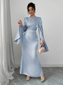 Rafferiza Women's Elegant Gathered Waist Fishtail Hem Cocktail Dress With Flare Sleeves, Shiny Fabric, Autumn/Winter Maxi Women Outfit Fall Cloth For Women