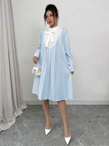 Elenzga Women Solid Color Lace-Up Sleeve Elegant Dress - Mint Blue - View 5