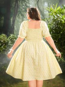 Flirla Plus Size Women Elegant Colorful Jacquard Short Dress - Yellow - View 2