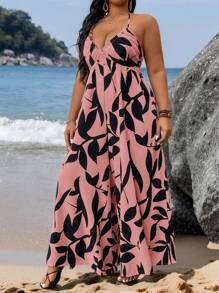 SHEIN CURVE+ Plus Size Loose Fit Halter Neck Tied Jumpsuit, Green Leaf Print, Beach Resortbeach Outfits For Woman/Beach Dress/Beach Vacation Outfits/Beach Essentials / Graduation/Tea Party Dress - Pink - View 9