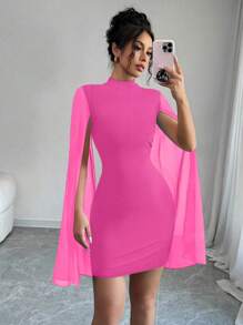 SHEIN PETITE Women's Stand Collar Chiffon Cape Mini Bodycon Dress - Hot Pink - View 3