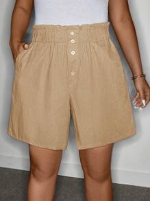 SHEIN LUNE 加大码女式亚麻弹力荷叶边下摆休闲短裤，夏季女士春假夏季波西米亚风复古棉质 - 卡其色 - 查看 3