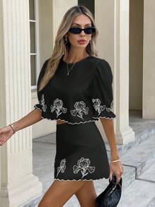 SHEIN Frenchy 2 件套女士夏季休闲花卉刺绣泡泡袖衬衫和裙子套装 - 黑色 - 查看 5