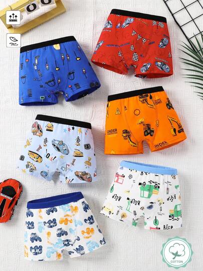 6 件装男童幼儿可爱汽车和挖掘机印花棉质舒适三角裤，适合春季、夏季和秋季