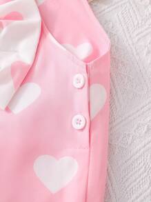 3pcs/Set Toddler Girls White Embroidered Collar Short Sleeve Top, Heart Print Overall Jumpsuit, And Headband, Summer Outfit - Pink - View 4