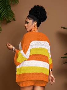 Maweii Plus Size Women Multicolor V-Neck Hollow-Out Beach Holiday Elegant 2 Pieces Set Winter Fall Autumn