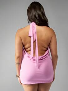 MISSGUIDED PLUS Plus Size Draped Halter Mini Party Dress Cowl Neck Summer Club Evening Special Occasion Dress - Pink - View 2