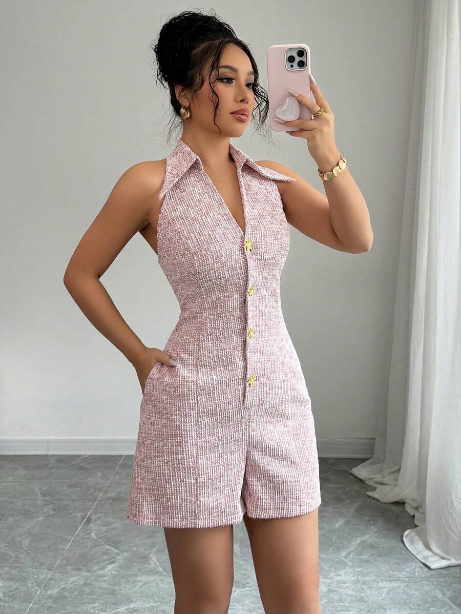 Elenzga Elegant Commuter Collared Halter Romper - Red - View 1