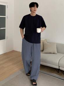 DAZY 男士条纹海军蓝白抽绳腰家居裤，春夏秋冬睡衣 - 藏蓝色 - 查看 1