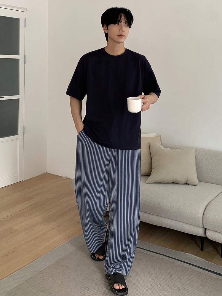 DAZY 男士条纹海军蓝白抽绳腰家居裤，春夏秋冬睡衣 - 藏蓝色 - 查看 1