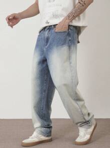 Manfinity Hypemode Men's Medium Wash Denim Jeans: Long Zipper Fly Relaxed Wide Leg Fit For Casual Style - Medium Wash - View 3