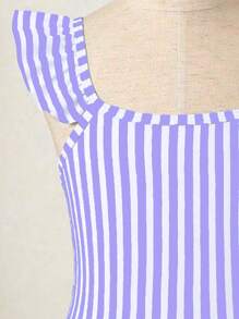 Young Girl Striped Cap Sleeve Modest Summer Swimsuit (Random Print) - Mauve Purple - View 4