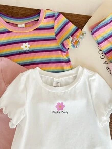 SHEIN Leap Crew 6pcs/Set Baby Girl Baby Girl Floral & Striped Ruffled Trim Short Sleeve Top & Pants Soft Pajama Sets - Multicolor - View 5