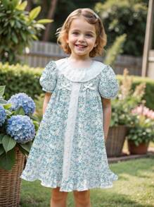 SHEIN Young Girls Summer New Ditsy Floral Printed Ruffle Collar, Back Button Closure, Puff Short Sleeve, Bowknot Front Decor Sweet Casual Princess Dress - Blue - View 3