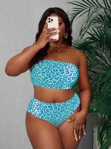 Slaydiva 2025 Plus Size Women Leopard Print Bandeau Bikini Set For Summer Beach Vacation