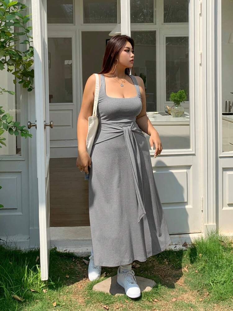 Dazy Plus Plus Size Solid Color Wrap Front Faux-Twofer Drawstring Sleeveless Dress, Grey Milkmaid Dress Women Summer Set,Casual Women Dresses Maxi Dress
