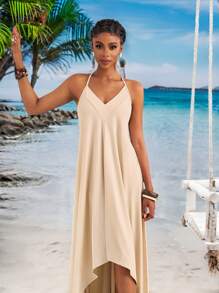 Slaydiva 2025 Summer New Arrival Music Festival, Easter, Western, Nomadic, St. Patrick's Day, Birthday Party, Graduation, Student, Casual, All-Match Matching, Leisure, Vacation, Cruise Travel, Beach, Sunbathing, Viral Asymmetrical Hem, Back Tie, V-Neck, Flared A-Line, Apricot Color Women Dress