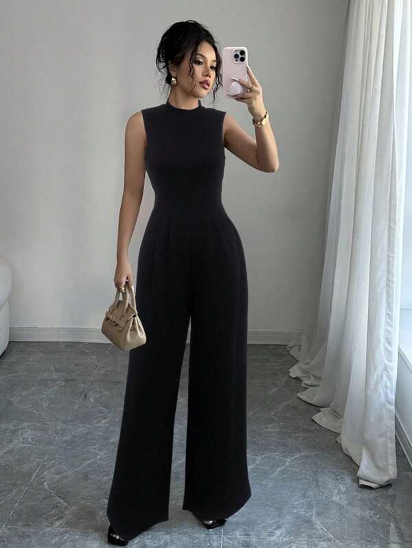 SHEIN PETITE Mono ajustado para mujer de unicolor, cuello redondo, sin mangas, elegante y versátil, estilo casual francés