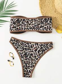 SHEIN Swim Ladies Leopard Print Bandeau Bikini Set (Random Print) For Summer Beach Vacation - Multicolor - View 2