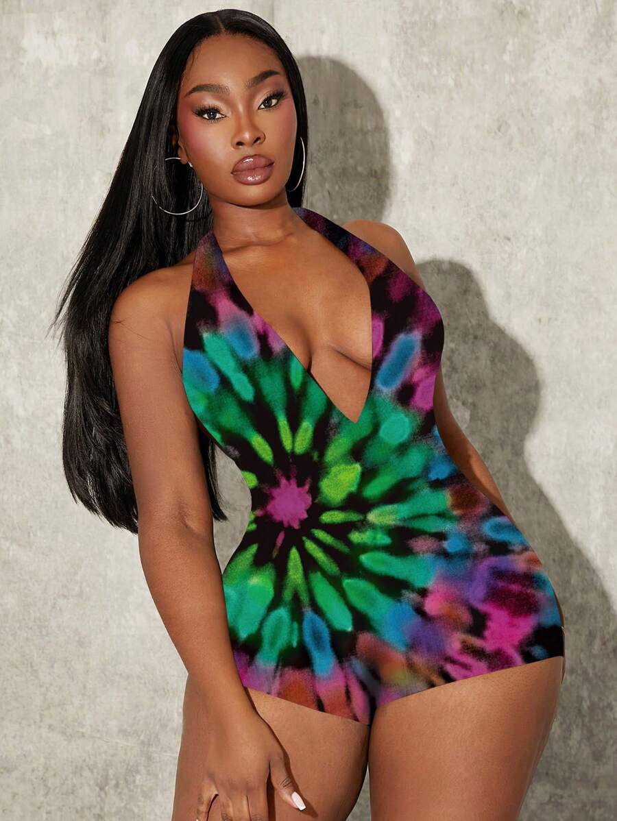 SHEIN SXY Plus Size Casual Minimalist Deep V Neck Jumpsuit - Multicolor - View 1