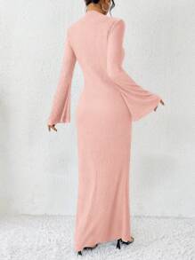 SHEIN Women's Summer Solid Color Slim Fit Long Sleeve Flared Dress Maxi Women Outfit Fall Cloth For Women - Baby Pink - View 2