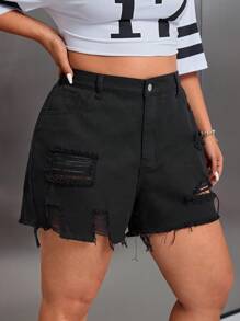 SHEIN ICON Pantalones cortos de jean informales para mujer de talla grande con bolsillos y dobladillo deshilachado